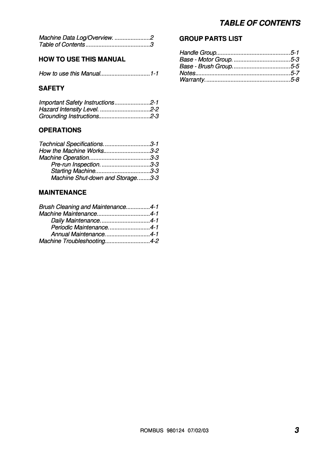 Windsor RMBS16, RMBS12 Table Of Contents, How To Use This Manual, Safety, Operations, Maintenance, Group Parts List 