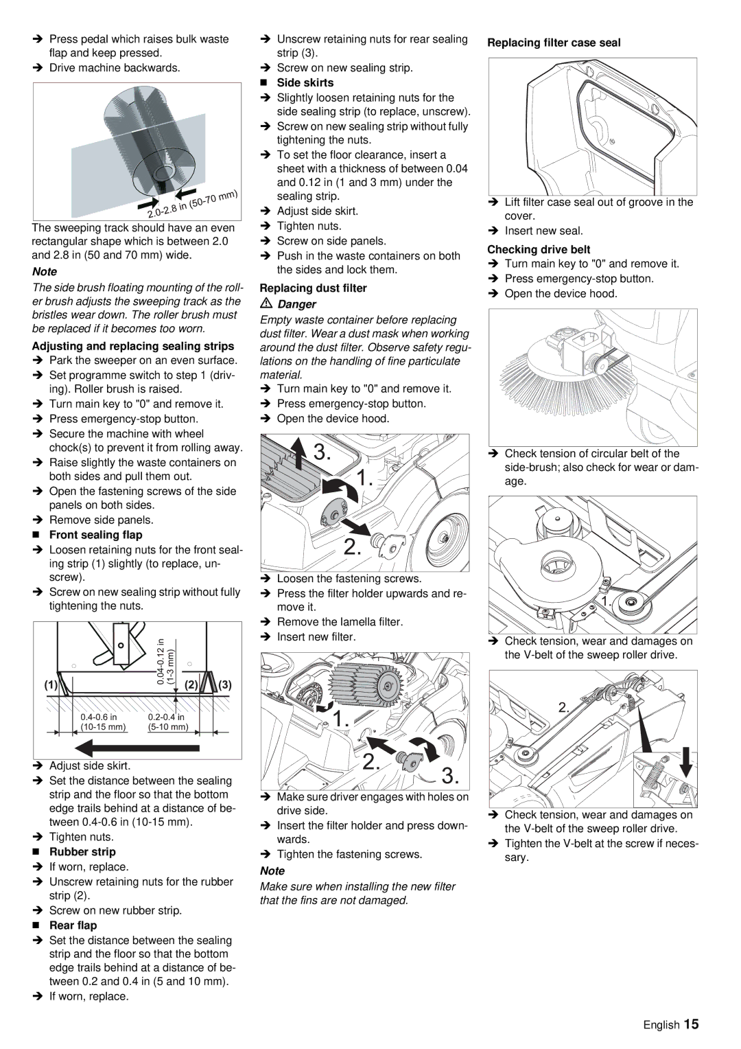 Windsor RRB 360 Adjusting and replacing sealing strips, „ Front sealing flap, „ Rubber strip, „ Rear flap, „ Side skirts 