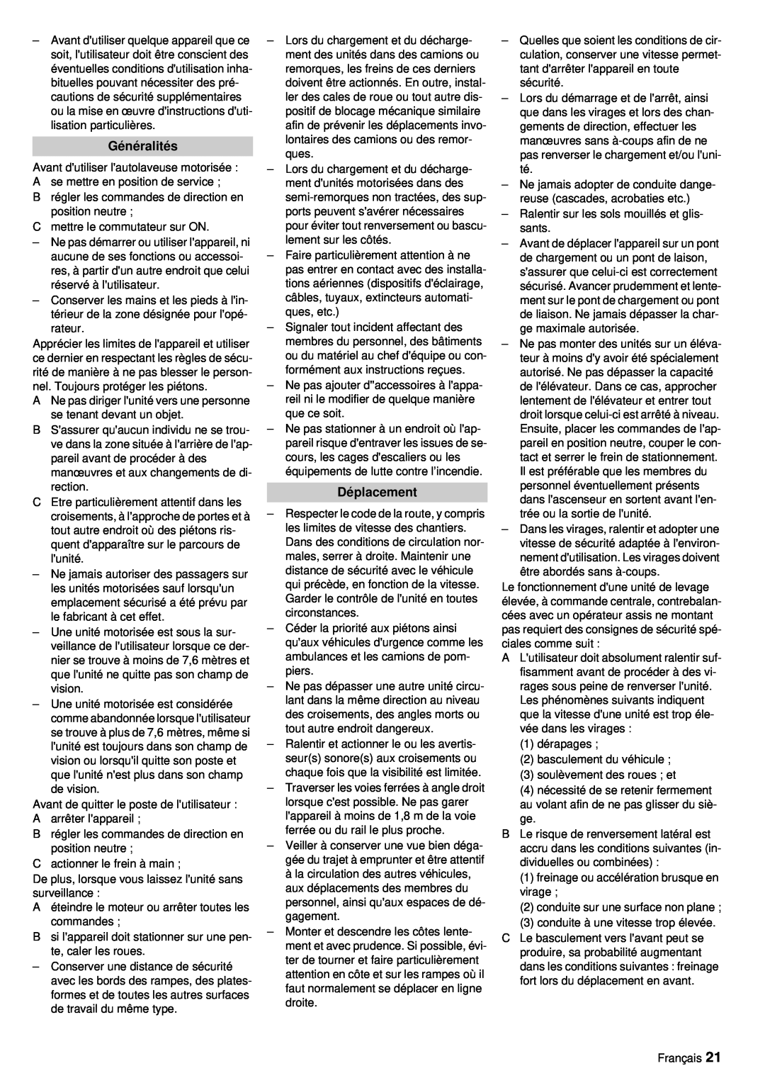 Windsor RRB 360 manual Généralités, Déplacement 