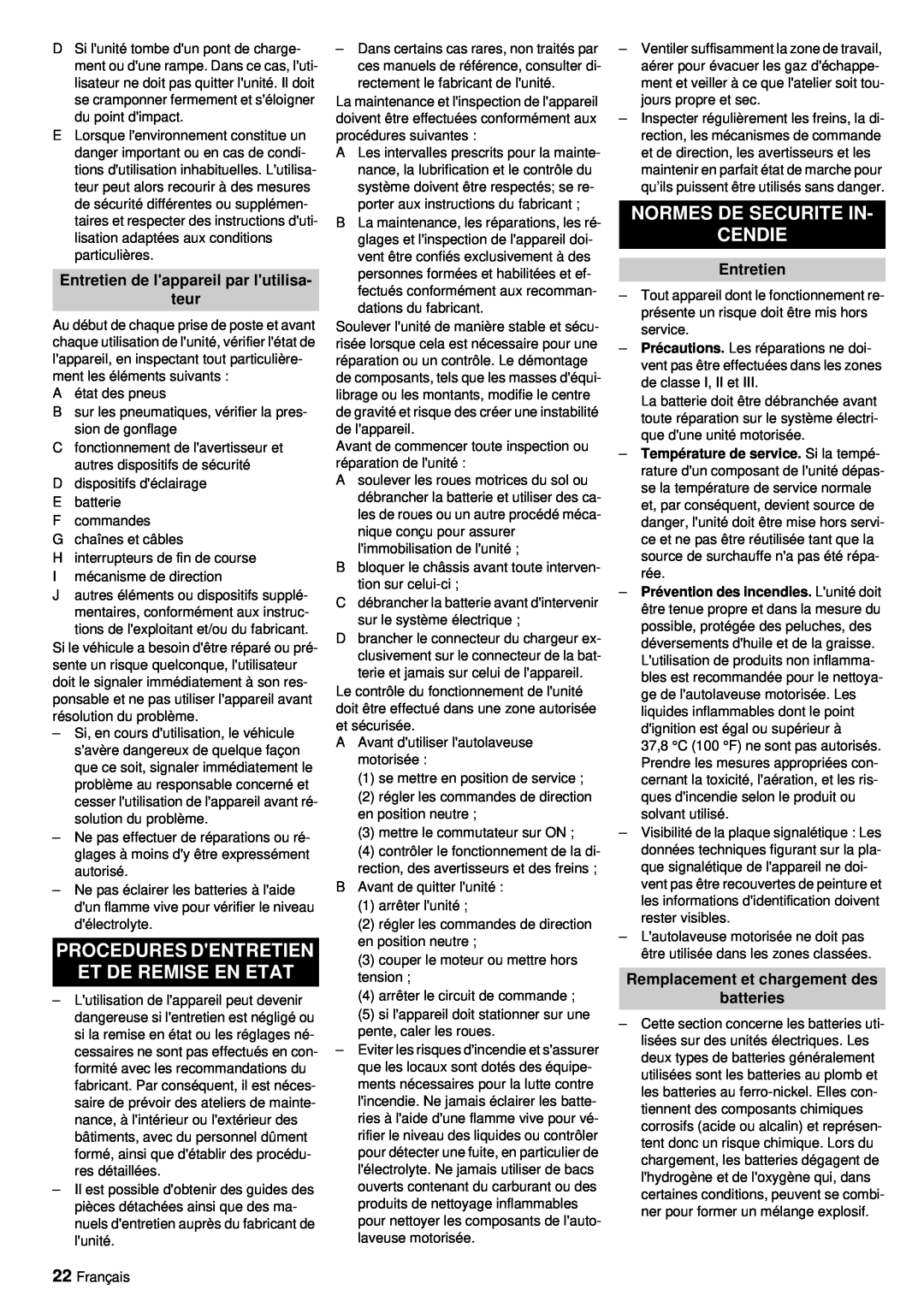 Windsor RRB 360 manual Normes De Securite In Cendie, Procedures Dentretien Et De Remise En Etat, Entretien 