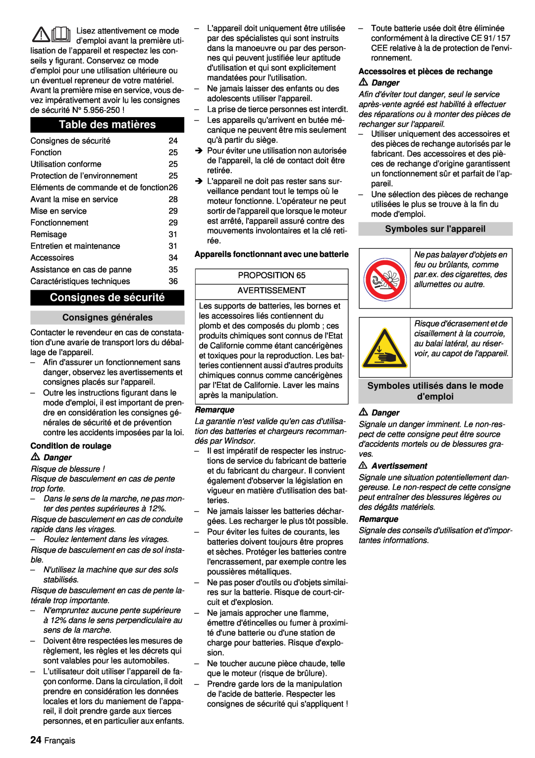Windsor RRB 360 manual Table des matières, Consignes de sécurité, Consignes générales, Symboles sur lappareil 
