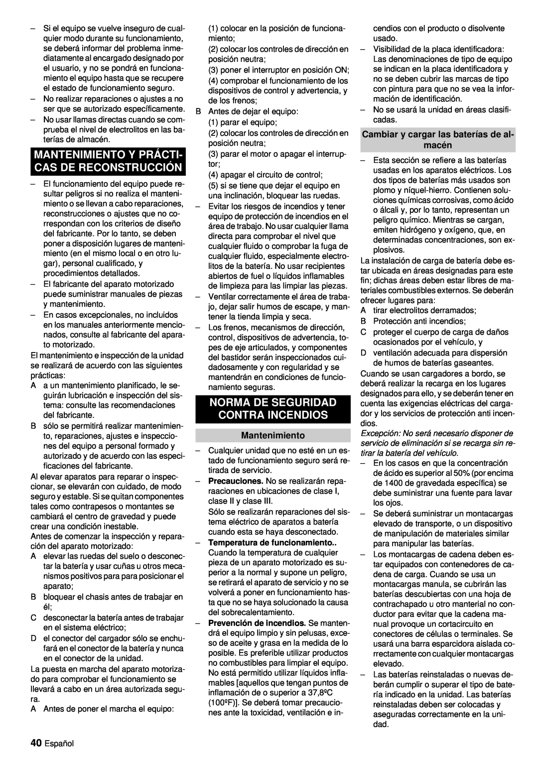 Windsor RRB 360 manual Norma De Seguridad Contra Incendios, Mantenimiento Y Prácti- Cas De Reconstrucción 