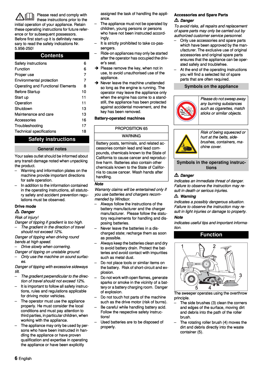 Windsor RRB 360 Safety instructions, Function, Contents, General notes, Symbols on the appliance, Battery-operatedmachines 