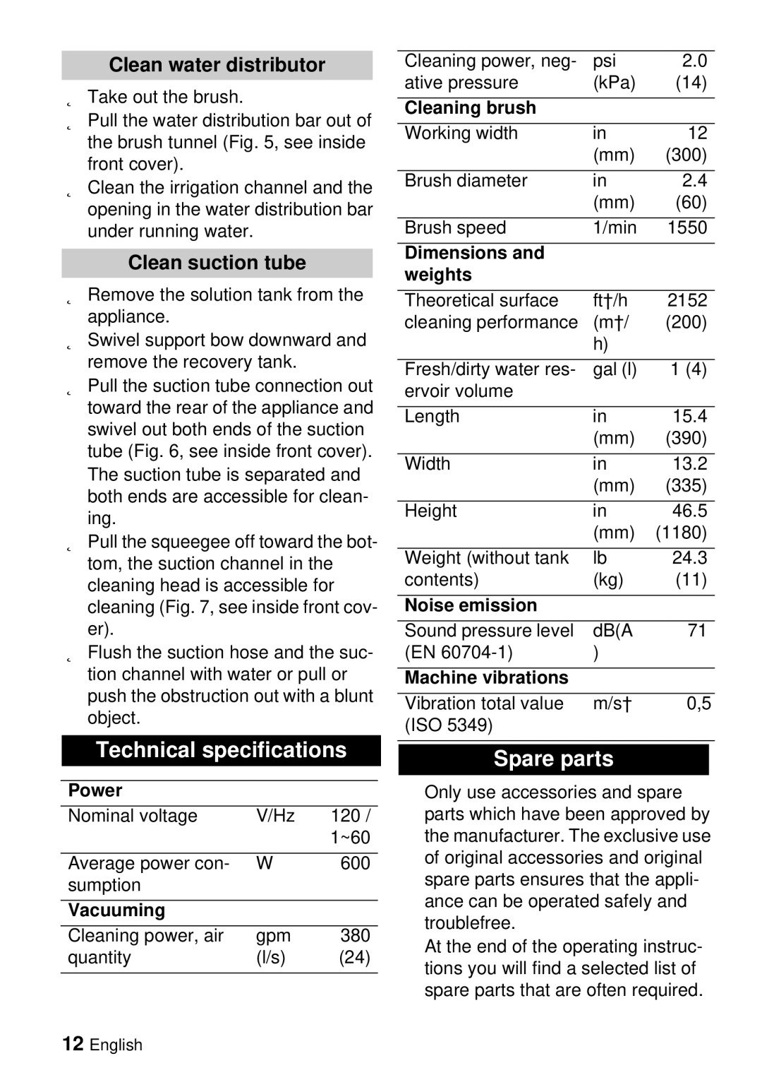 Windsor Saber Blade 12 manual Technical specifications, Spare parts, Clean water distributor, Clean suction tube 