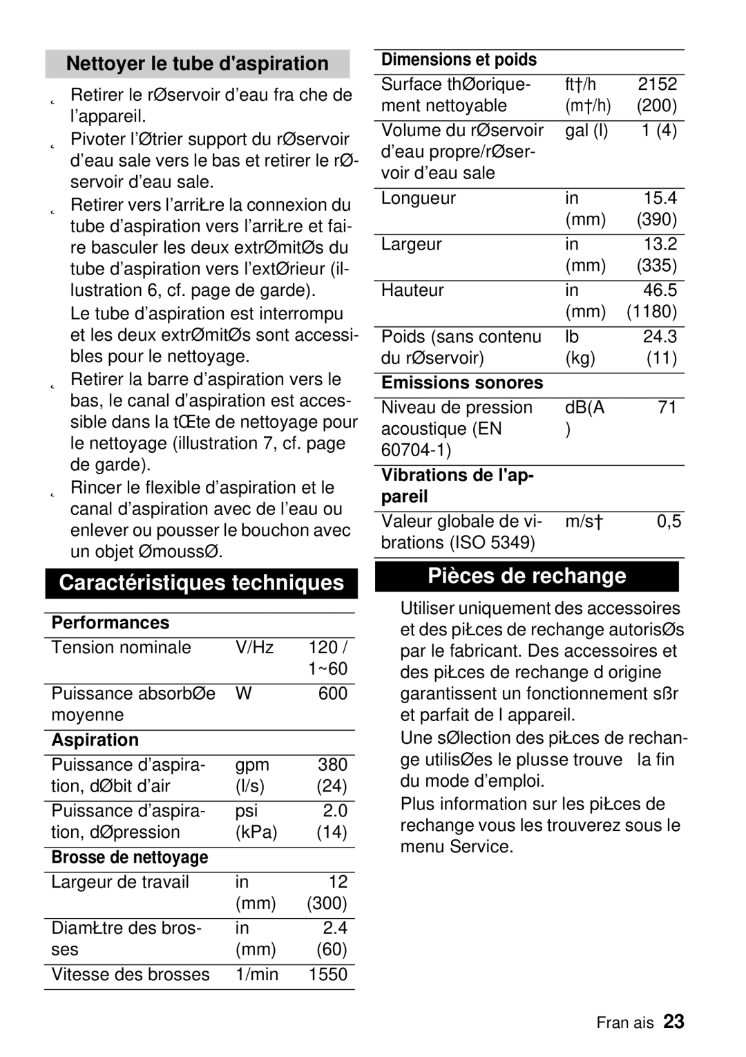 Windsor Saber Blade 12 manual Caractéristiques techniques, Pièces de rechange, Nettoyer le tube daspiration 