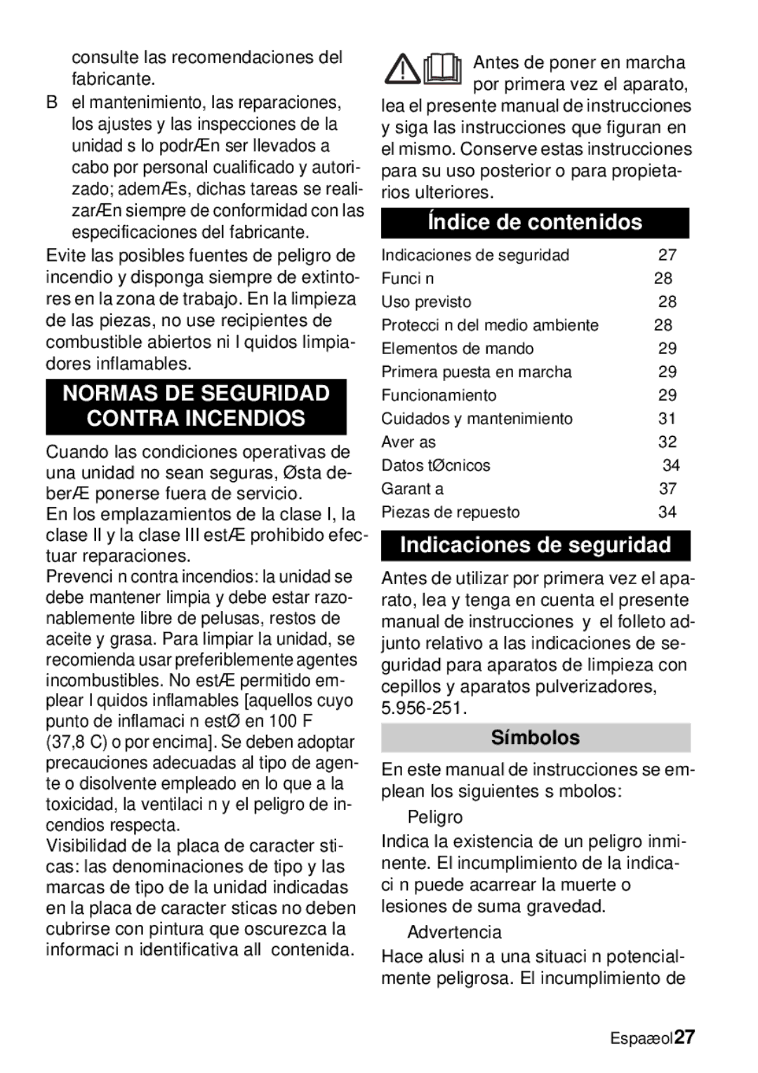 Windsor Saber Blade 12 Normas DE Seguridad Contra Incendios, Índice de contenidos, Indicaciones de seguridad, Símbolos 