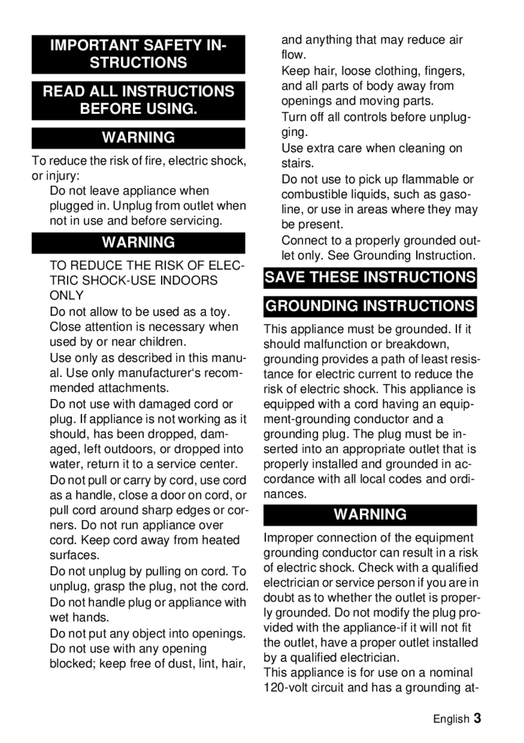 Windsor Saber Blade 12 manual Grounding Instructions, To Reduce the Risk of ELEC- Tric SHOCK-USE Indoors only 