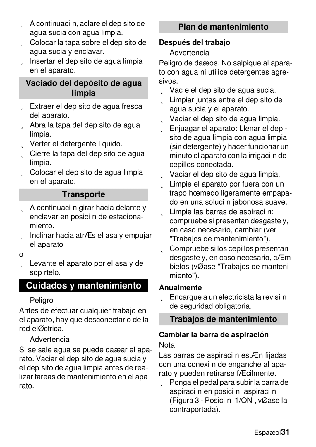 Windsor Saber Blade 12 Cuidados y mantenimiento, Vaciado del depósito de agua Limpia, Transporte, Plan de mantenimiento 