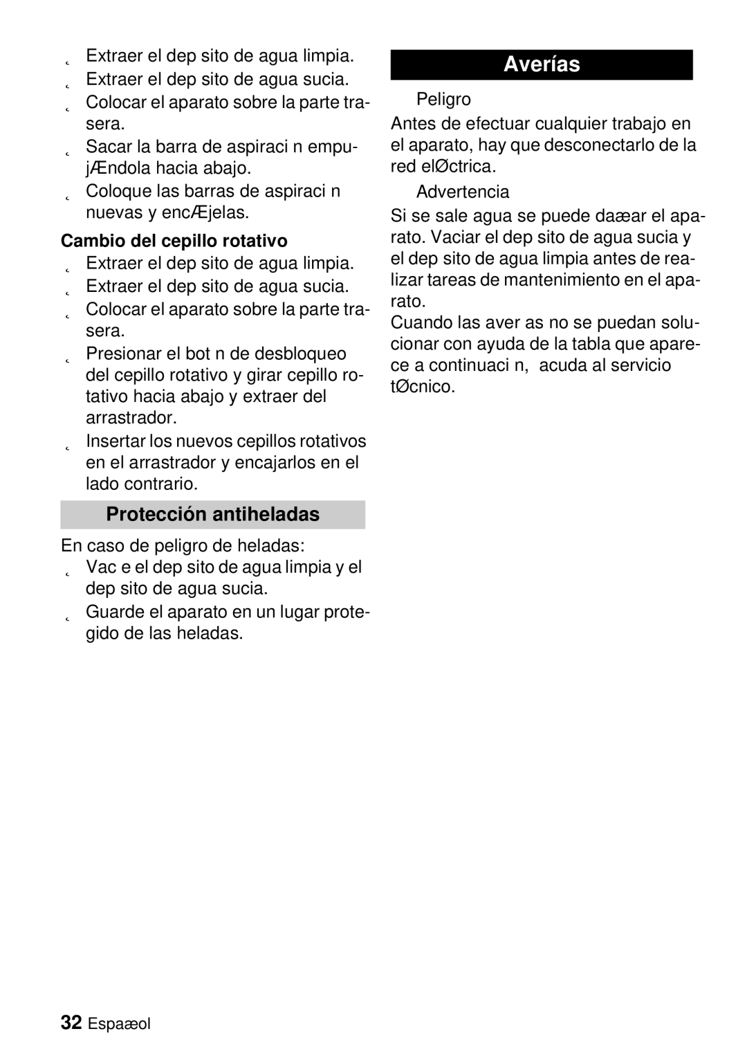 Windsor Saber Blade 12 manual Averías, Protección antiheladas, Cambio del cepillo rotativo 