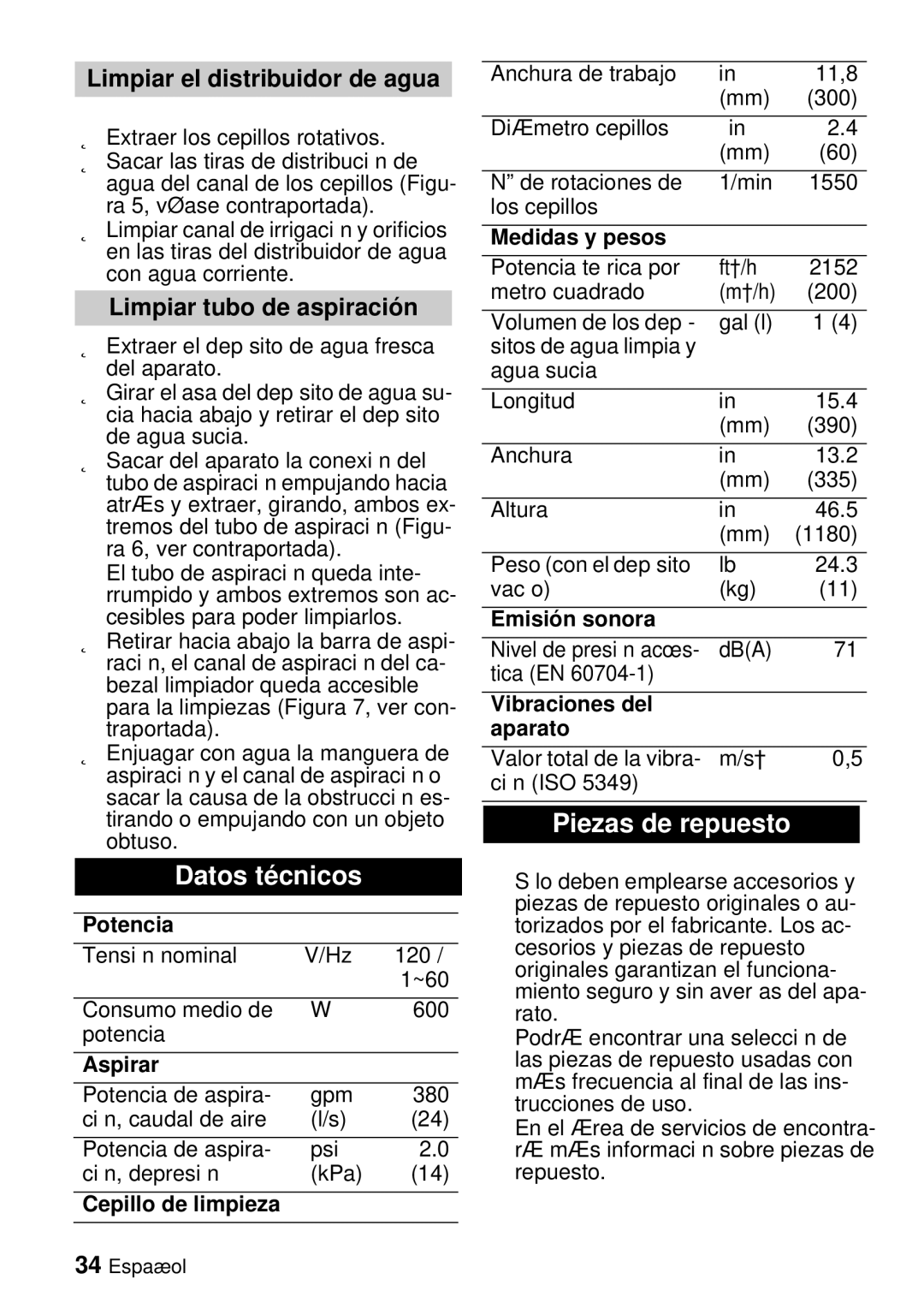 Windsor Saber Blade 12 Datos técnicos, Piezas de repuesto, Limpiar el distribuidor de agua, Limpiar tubo de aspiración 