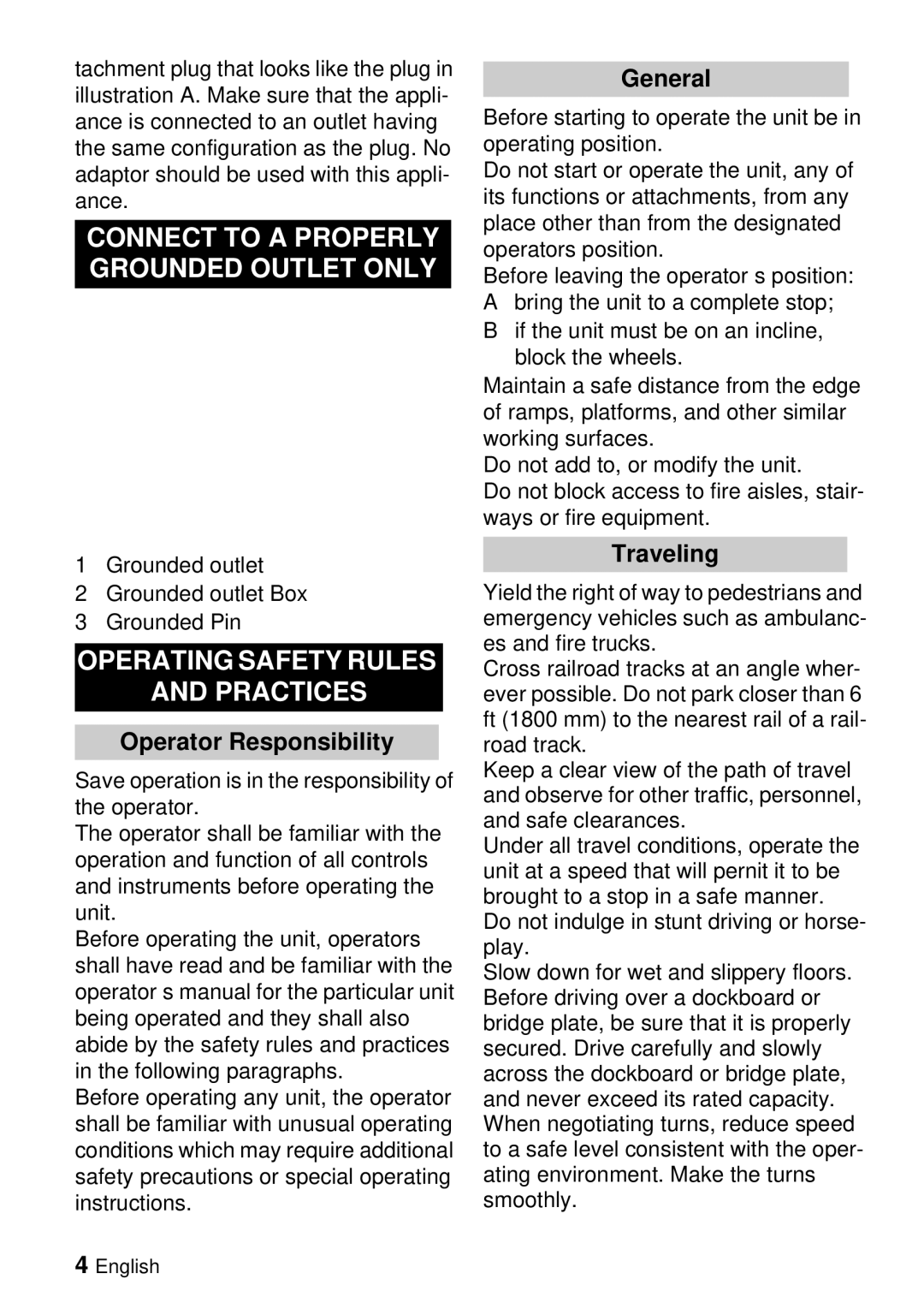 Windsor Saber Blade 12 Connect to a Properly Grounded Outlet only, Operating Safety Rules Practices, General, Traveling 