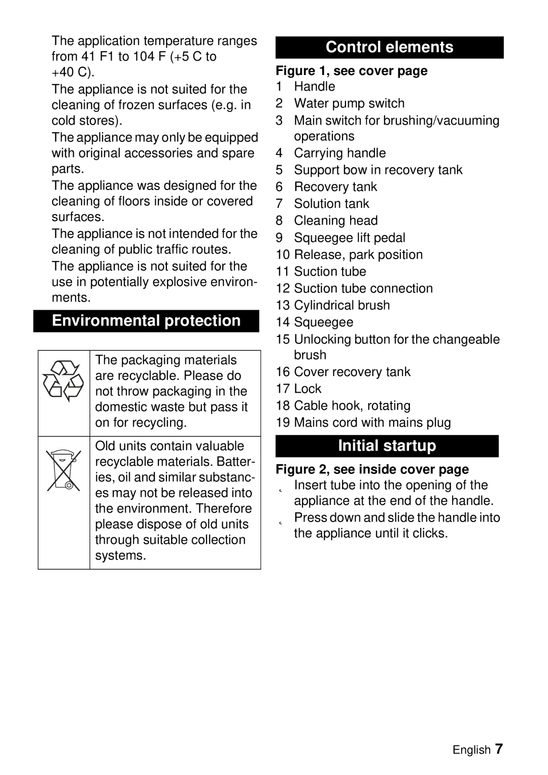 Windsor Saber Blade 12 manual Environmental protection, Control elements, Initial startup 