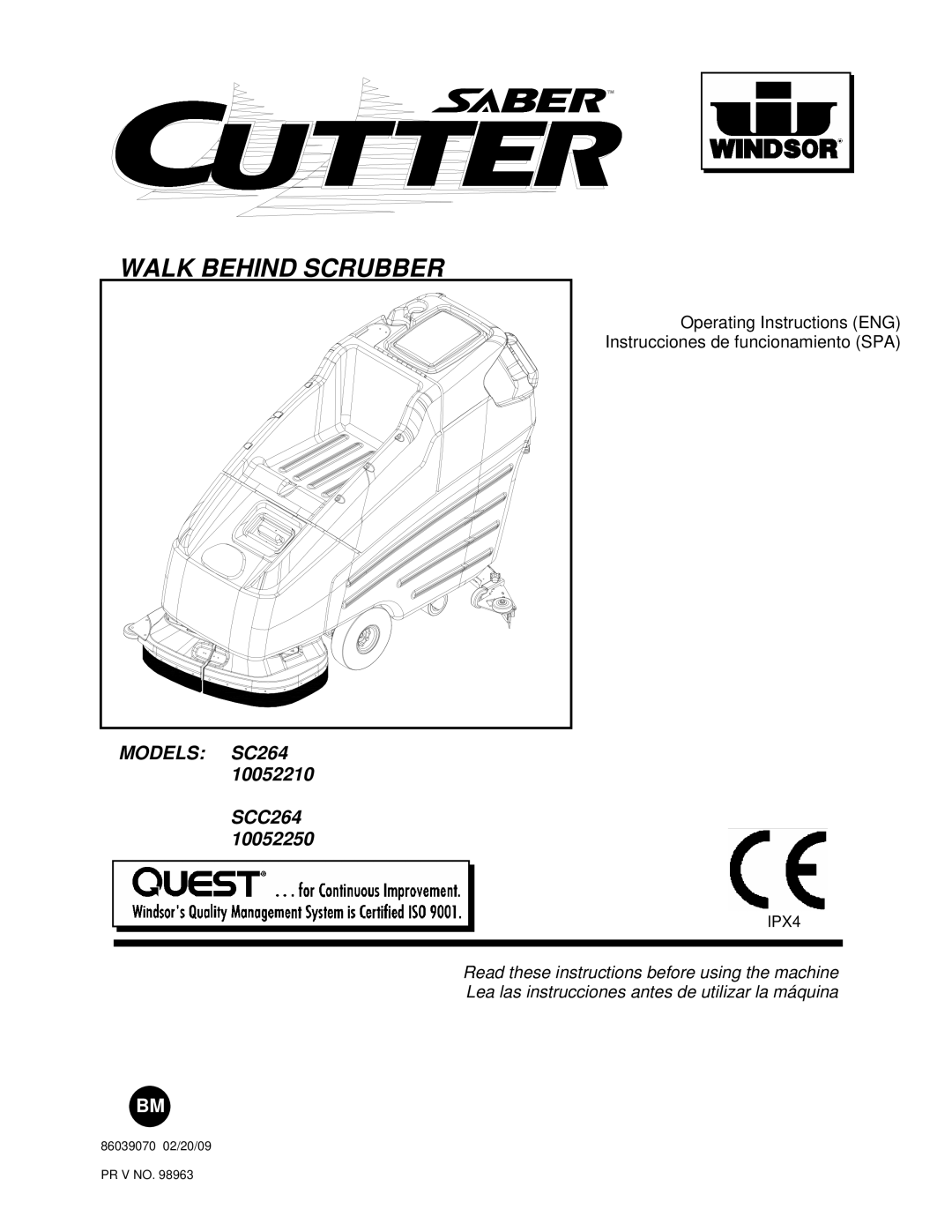 Windsor SCC264, SC264, 10052250, 10052210 manual Walk Behind Scrubber 