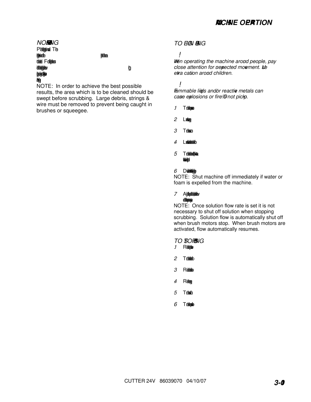 Windsor SCC264, SC264, 10052250, 10052210 manual Normal Scrubbing, To Begin Scrubbing, To Stop Scrubbing 