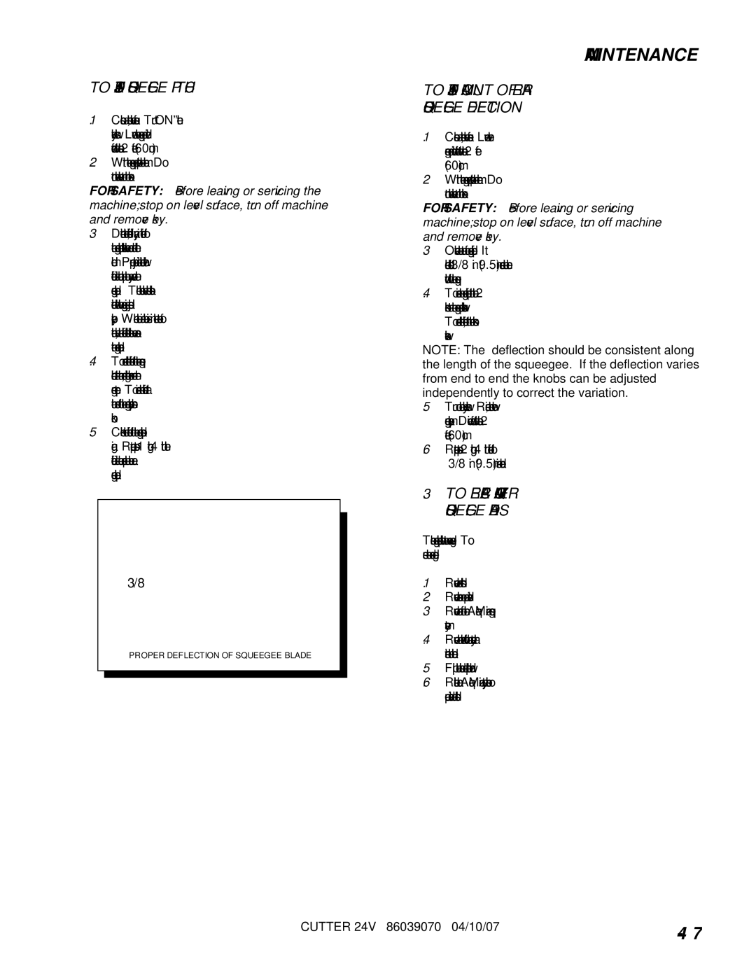 Windsor SCC264, SC264, 10052250, 10052210 manual To Adjust Squeegee Pitch, To Adjust Amount of Rear Squeegee Deflection 