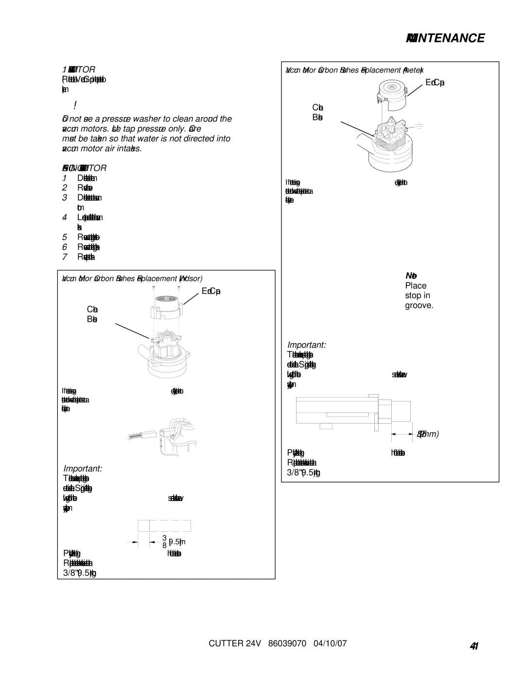 Windsor SCC264, SC264, 10052250, 10052210 manual Changing Vacuum Motor 