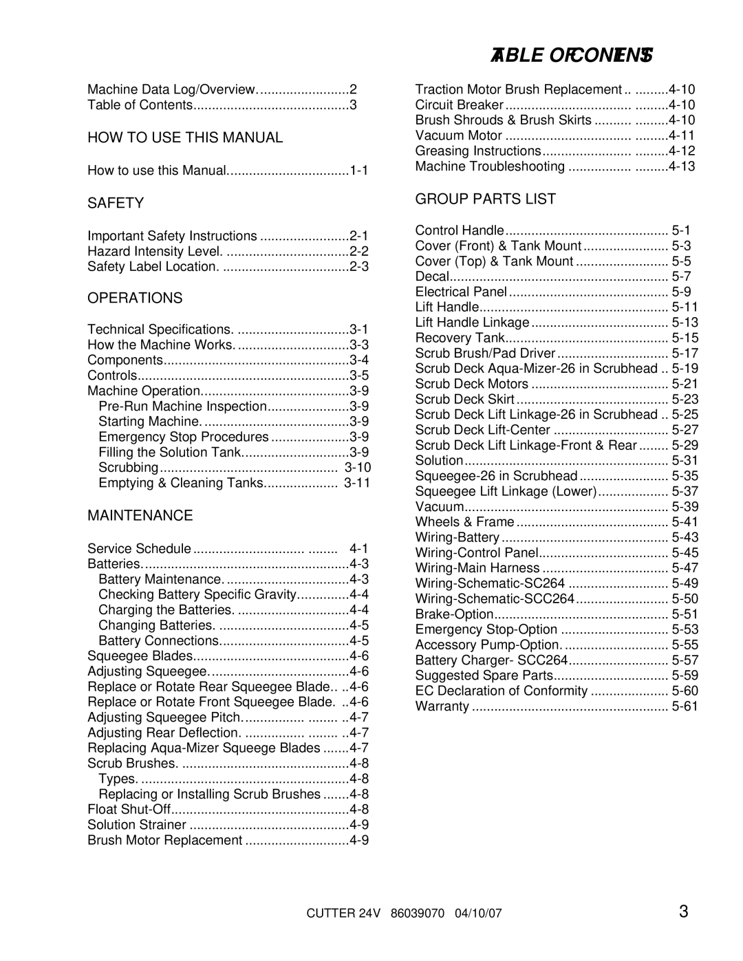 Windsor 10052210, SC264, SCC264, 10052250 manual Table of Contents 