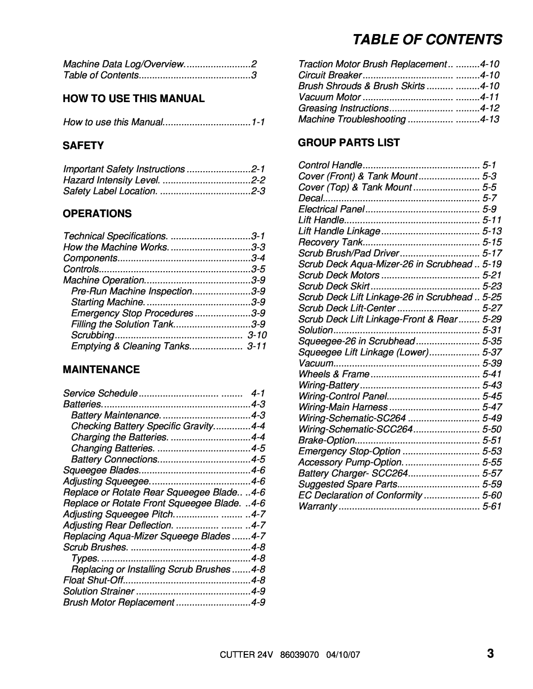 Windsor 10052210, SC264 manual Table Of Contents, Group Parts List, How To Use This Manual, Safety, Operations, Maintenance 