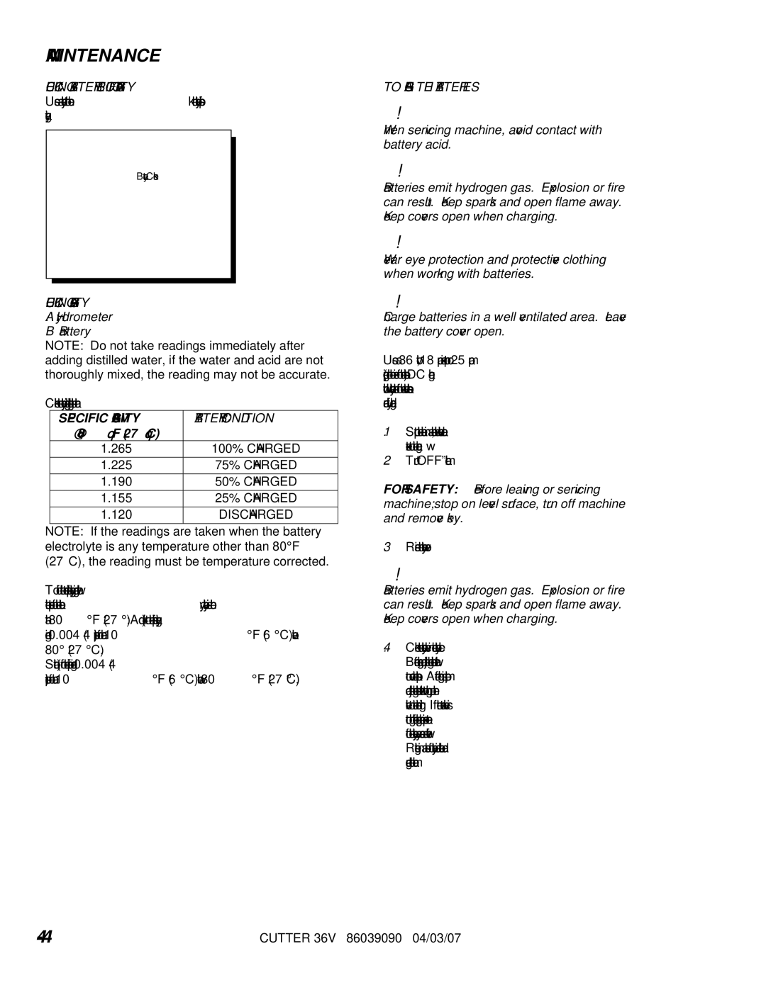 Windsor SC326 10052220 Checking Battery Specific Gravity To Charge the Batteries, Checking Gravity, Battery Condition 