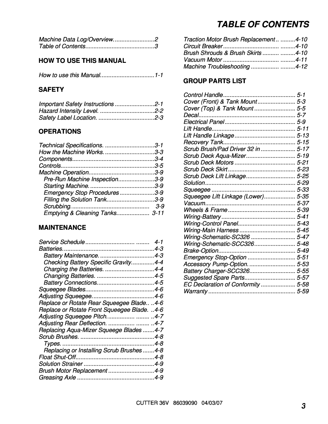 Windsor SCC326 10052260 manual Table Of Contents, How To Use This Manual, Safety, Operations, Maintenance, Group Parts List 