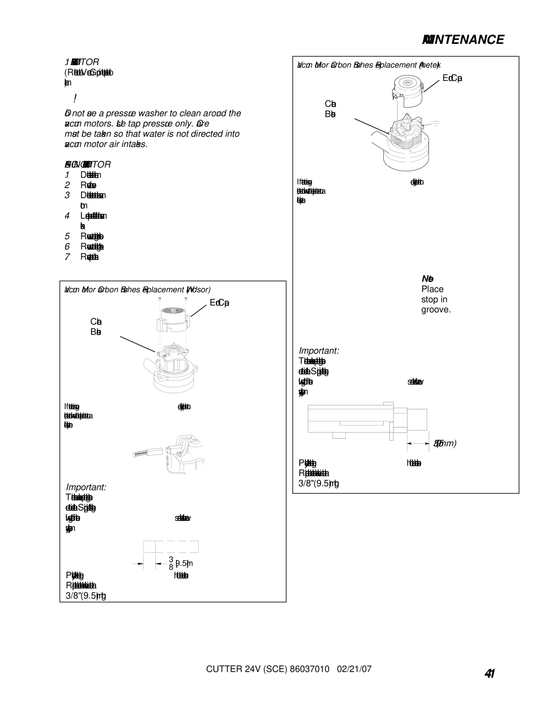 Windsor 10052270, SCE264 operating instructions Changing Vacuum Motor 