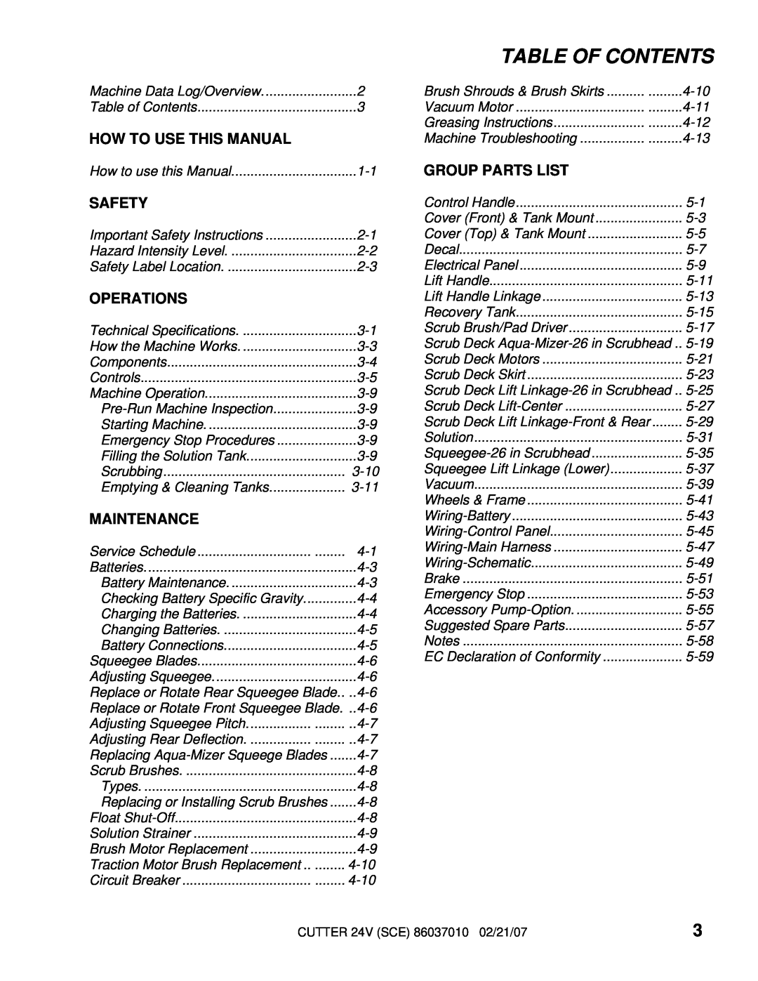 Windsor 10052270, SCE264 Table Of Contents, How To Use This Manual, Safety, Operations, Maintenance, Group Parts List 