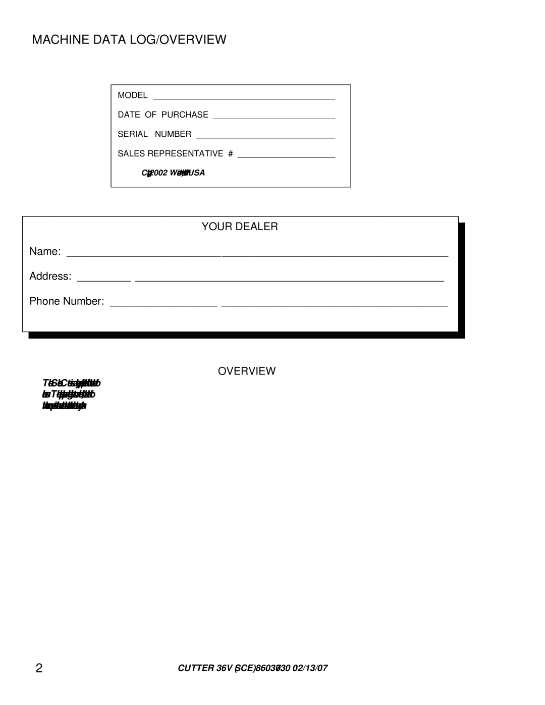 Windsor SCE326, 10052280 manual Machine Data LOG/OVERVIEW, Overview 