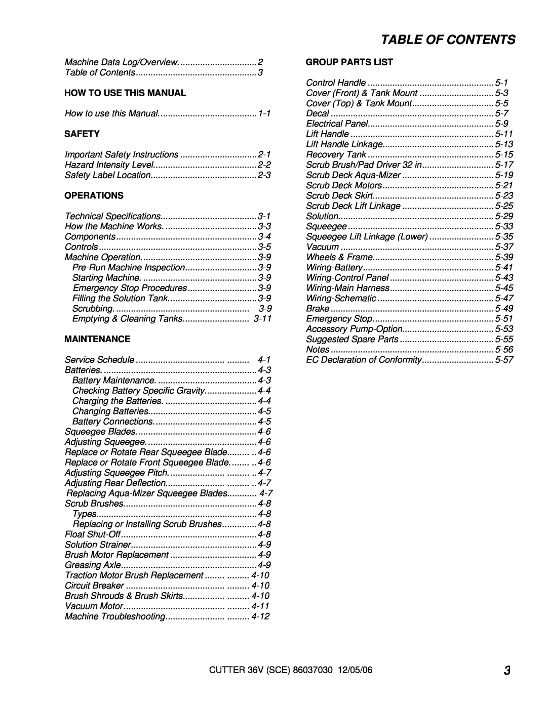 Windsor 10052280, SCE326 manual Table Of Contents, Group Parts List, How To Use This Manual, Safety, Operations, Maintenance 