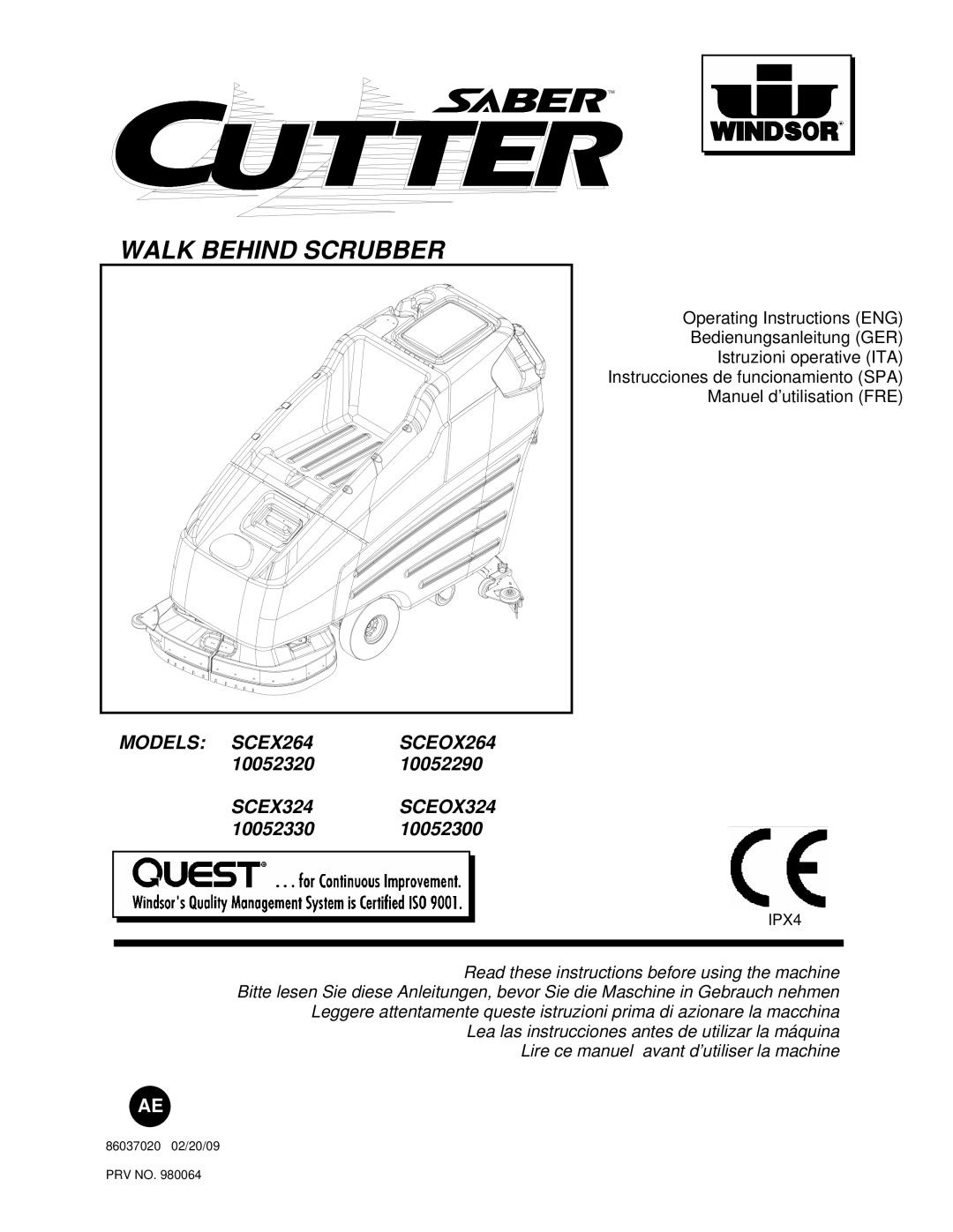 Windsor SCEX264, SCEOX264, SCEX324, 86037020, 10052330, 10052320, 10052300, SCEOX324 manuel dutilisation Walk Behind Scrubber 