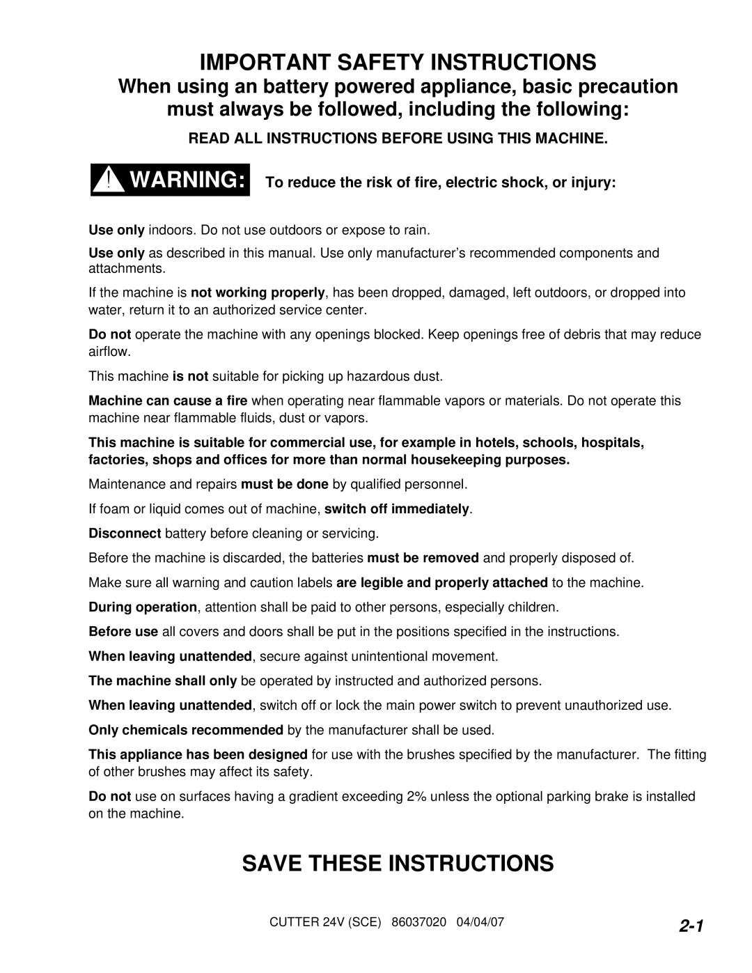 Windsor 10052320, SCEOX264, SCEX264, SCEX324 Important Safety Instructions, Read ALL Instructions Before Using this Machine 