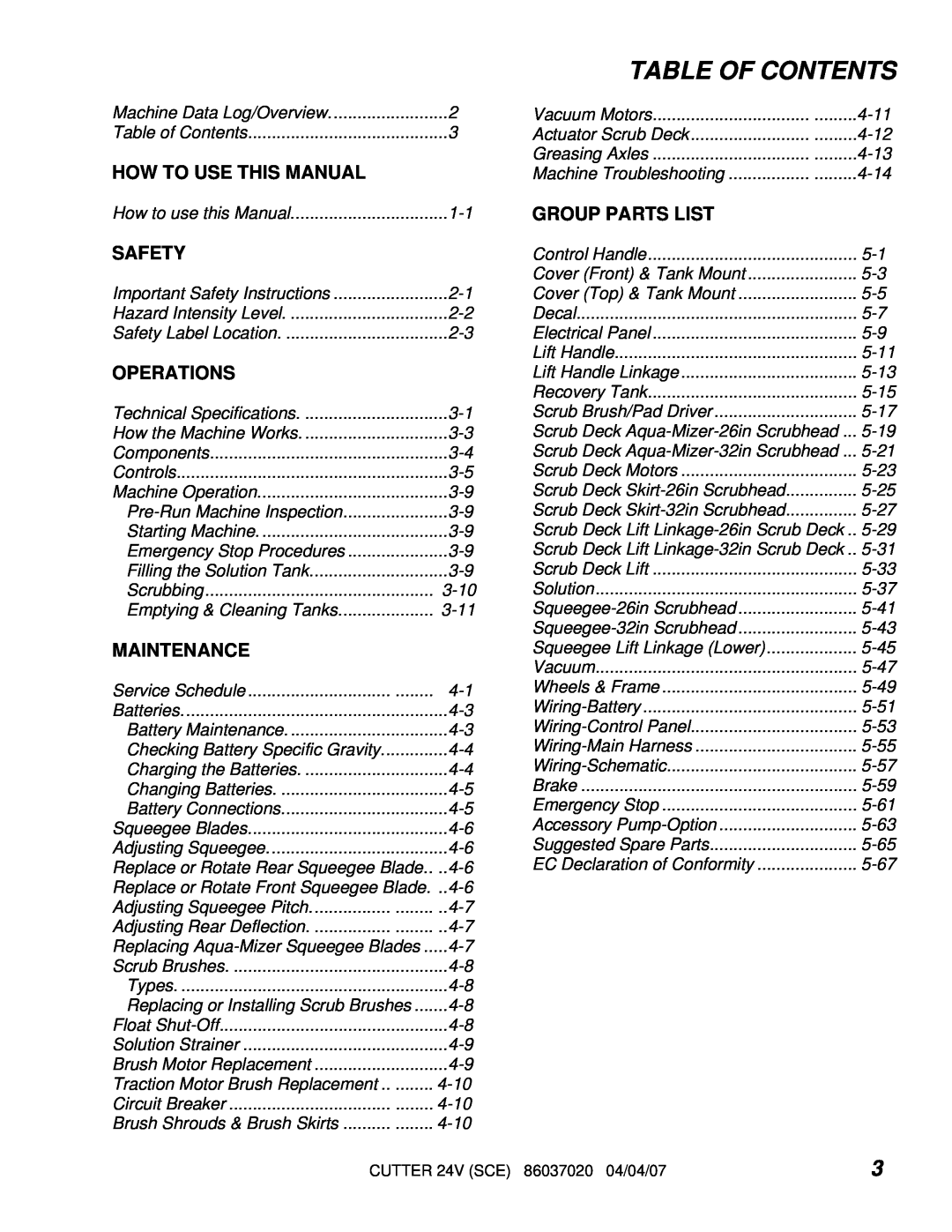 Windsor 86037020, SCEOX264 Table Of Contents, How To Use This Manual, Safety, Operations, Maintenance, Group Parts List 