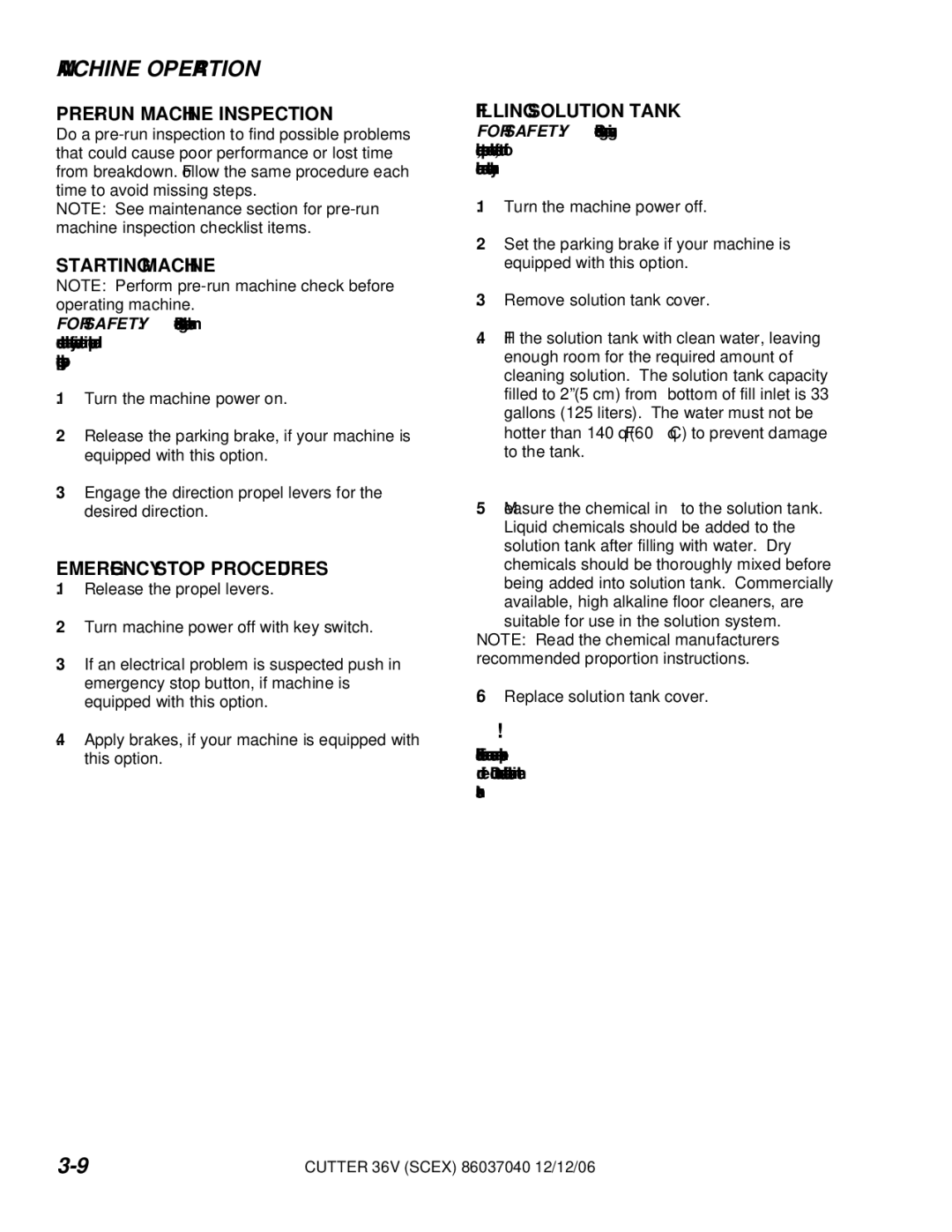Windsor SCEX326, SCEOX326 Machine Operation, PRE-RUN Machine Inspection, Starting Machine, Emergency Stop Procedures 