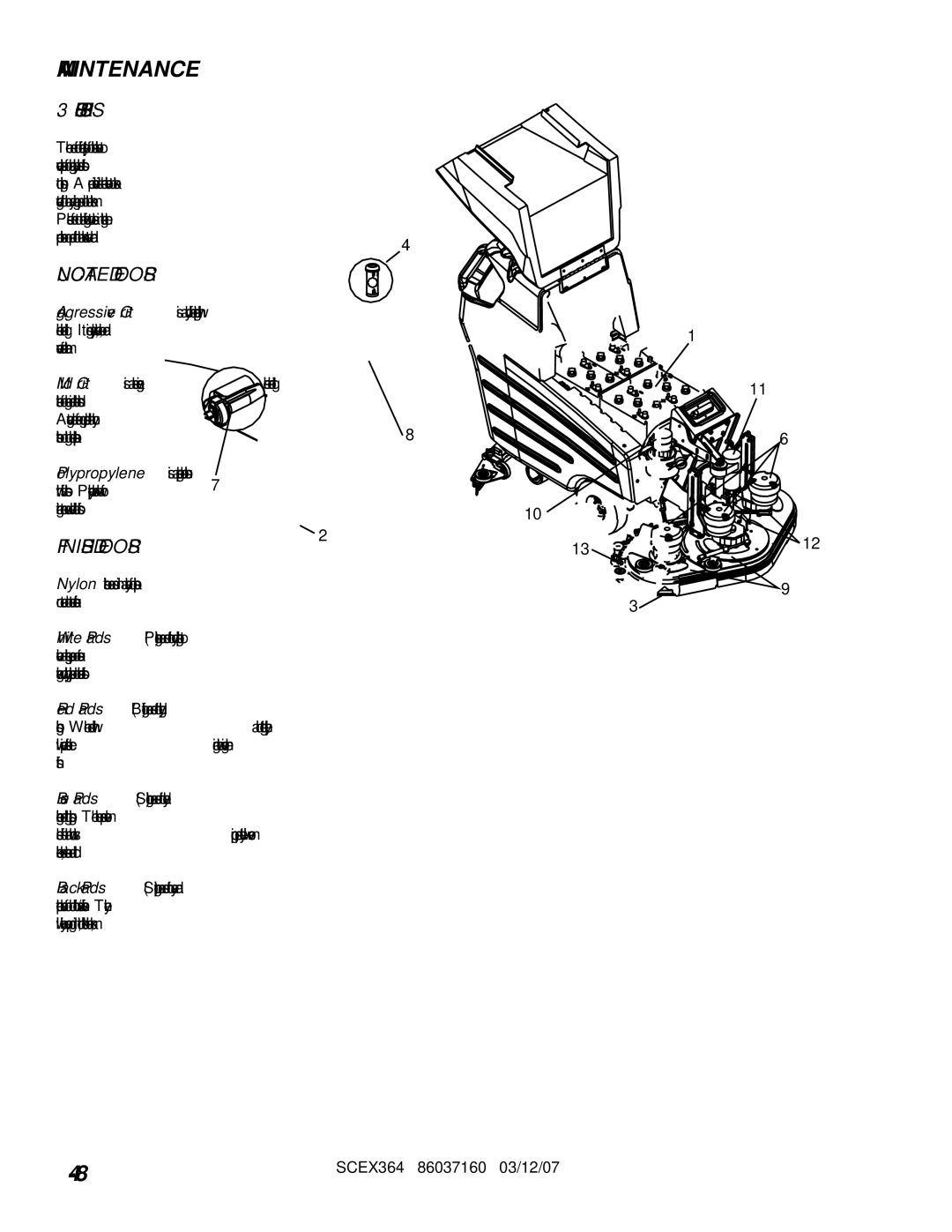 Windsor SCEX364 Uncoated Floors, Finished Floors, Replacing or Installing Scrub Brushes, Recovery Tank Float SHUT-OFF 