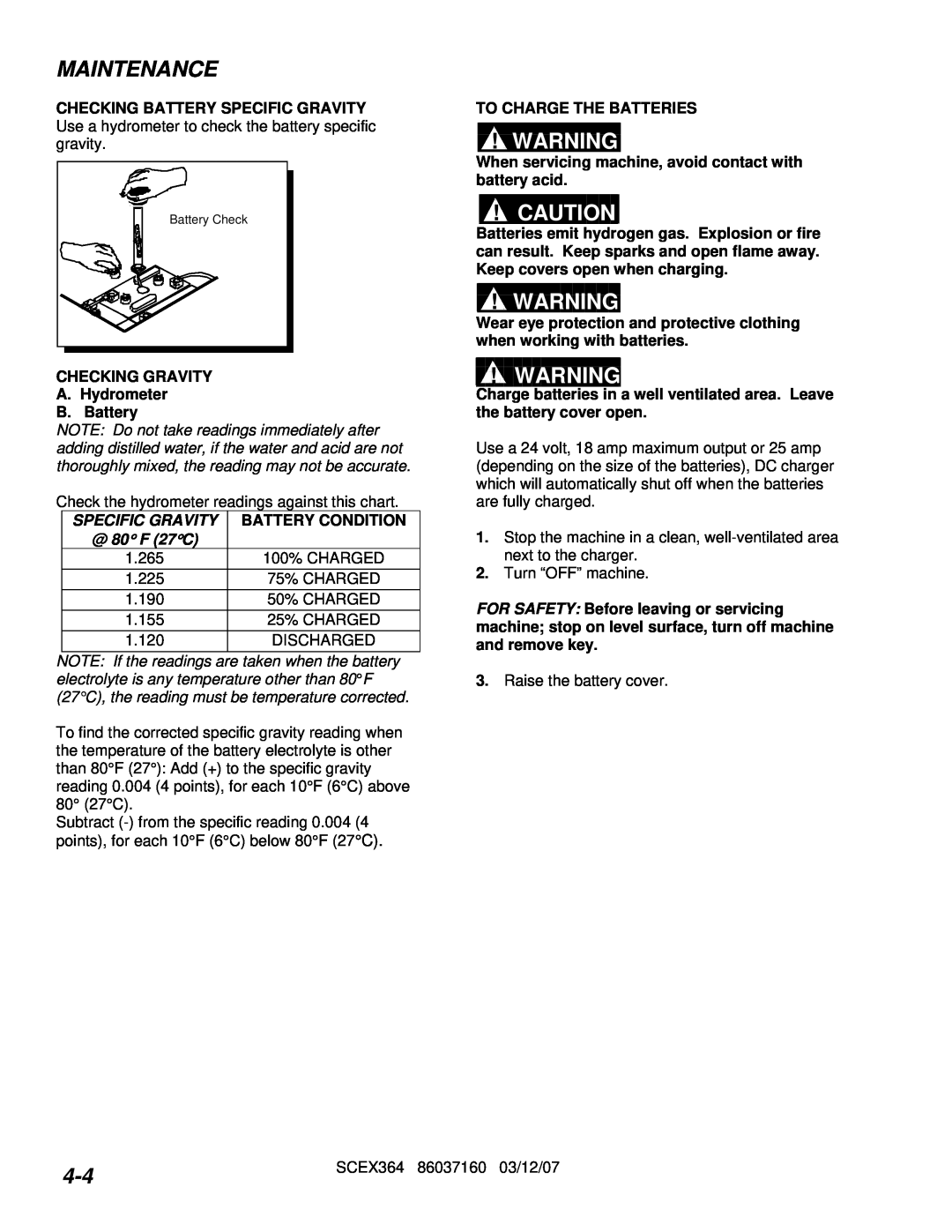 Windsor SCEX364, 10052350 manuel dutilisation Maintenance, Specific Gravity, @ 80 F 27C 