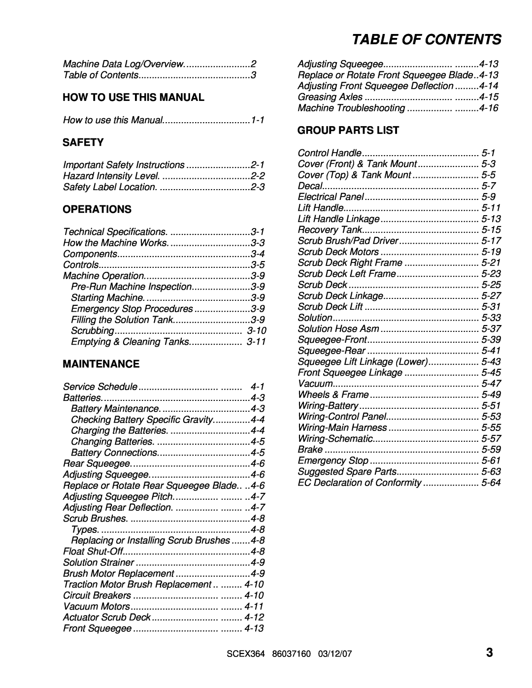 Windsor 10052350, SCEX364 Table Of Contents, How To Use This Manual, Safety, Operations, Maintenance, Group Parts List 