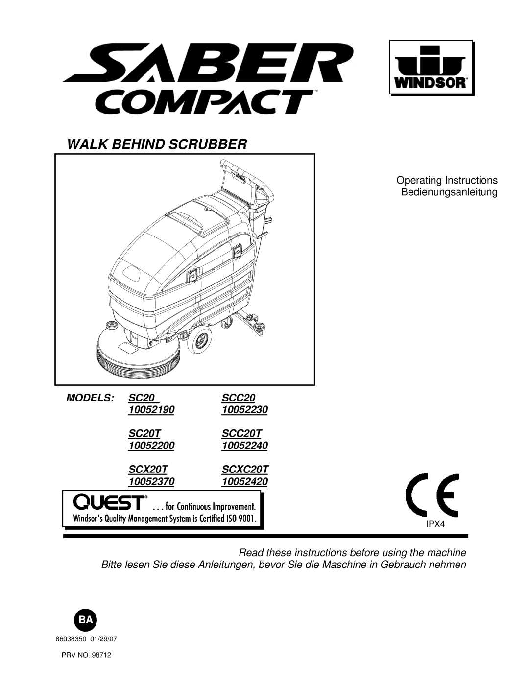 Windsor SCXC20T, SCX20T, SC20T, SCC20T operating instructions Walk Behind Scrubber 