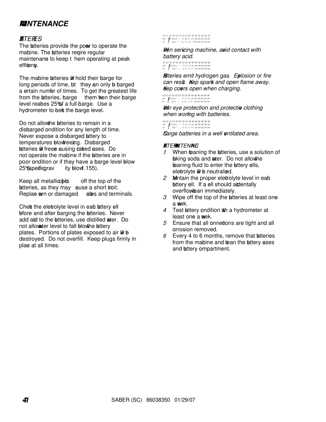 Windsor SC20T, SCX20T, SCXC20T, SCC20T operating instructions Maintenance, Batteries 