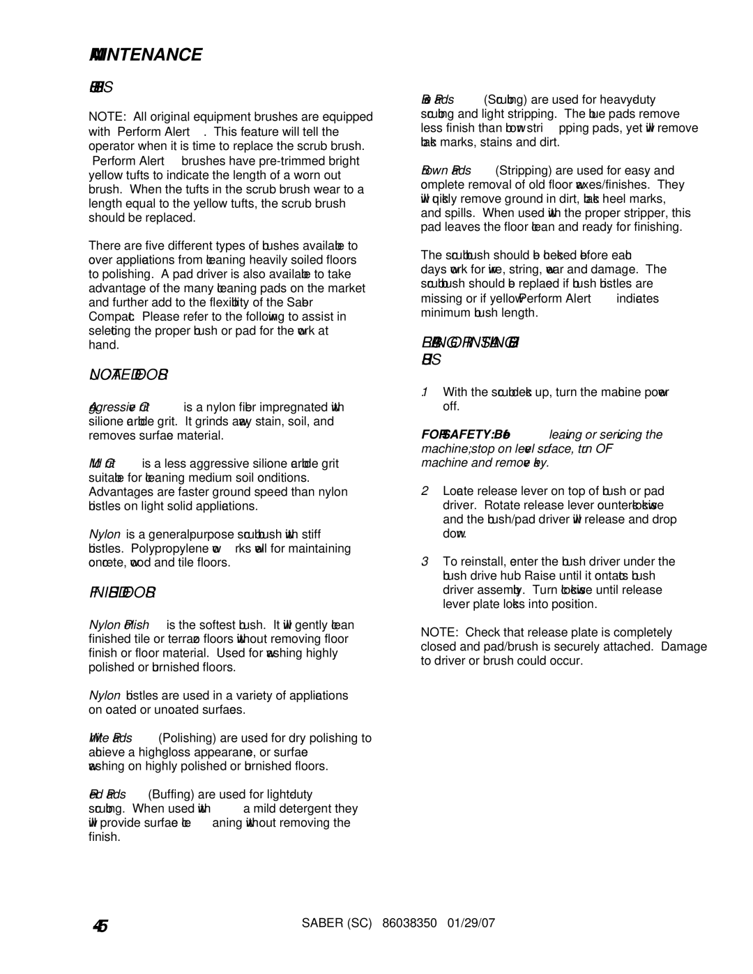 Windsor SCX20T, SCXC20T, SC20T, SCC20T operating instructions Maintenance 