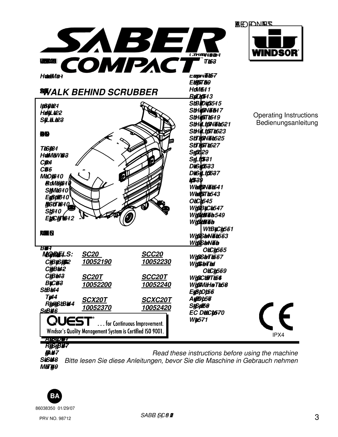 Windsor SCC20T, SCX20T, SCXC20T, SC20T operating instructions Table of Contents 