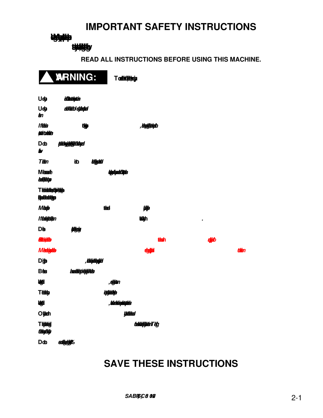 Windsor SCX20T, SCXC20T, SC20T, SCC20T Important Safety Instructions, Read ALL Instructions Before Using this Machine 