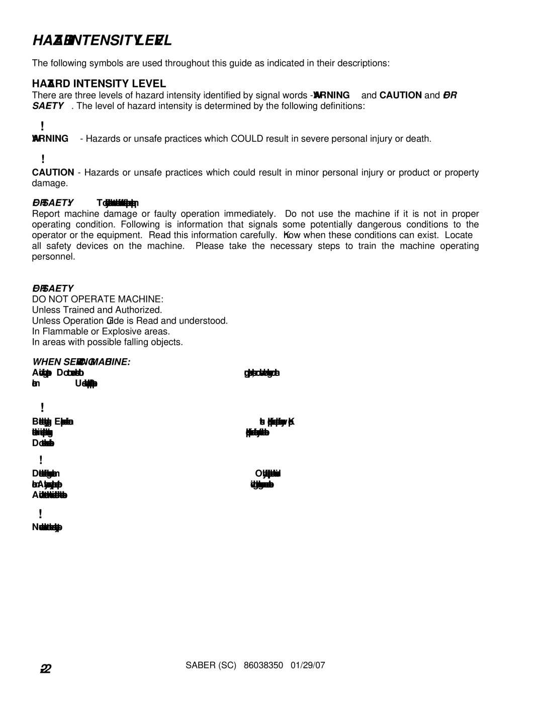 Windsor SCX20T, SCXC20T, SC20T, SCC20T operating instructions Hazard Intensity Level 