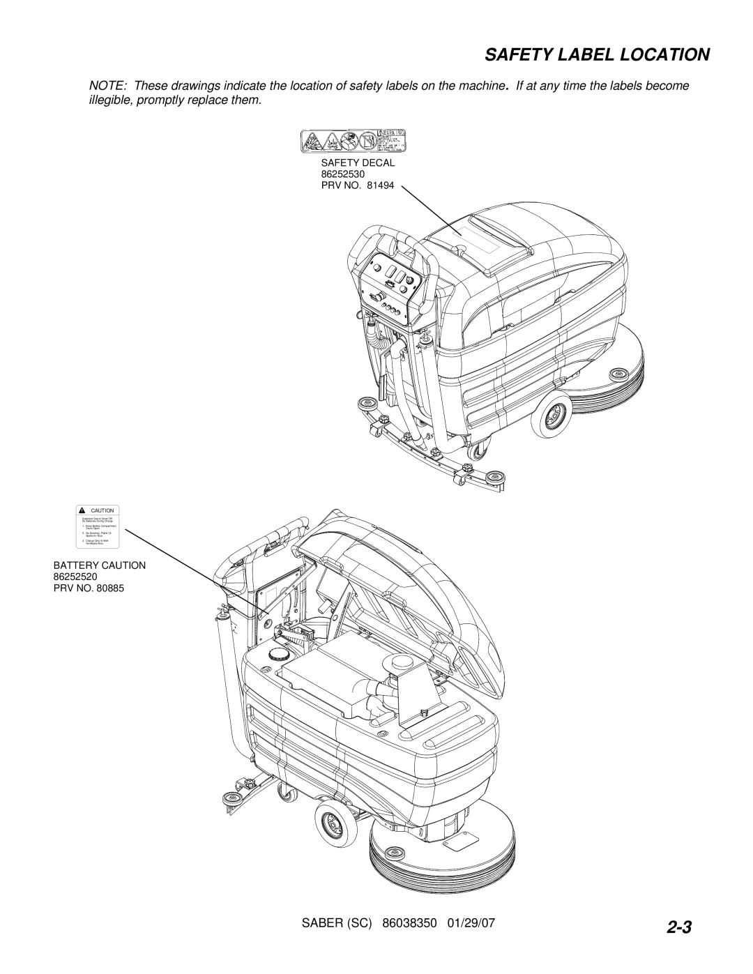 Windsor SCXC20T, SCX20T, SC20T, SCC20T operating instructions Safety Label Location, Safety Decal 86252530 PRV no 