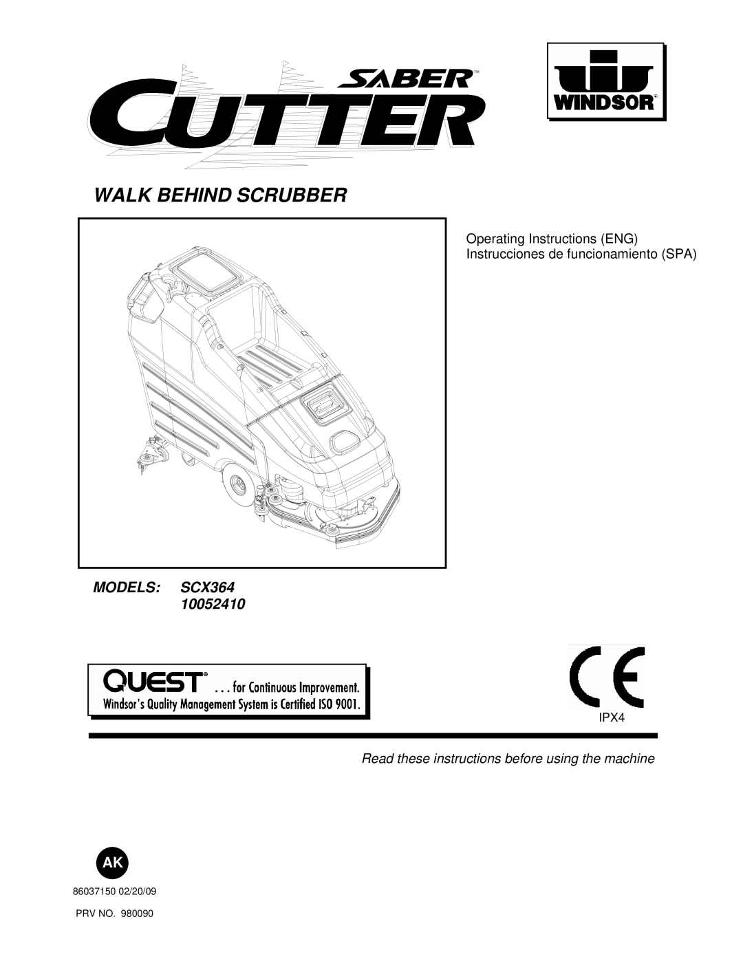 Windsor 10052410, SCX364 manual Walk Behind Scrubber 