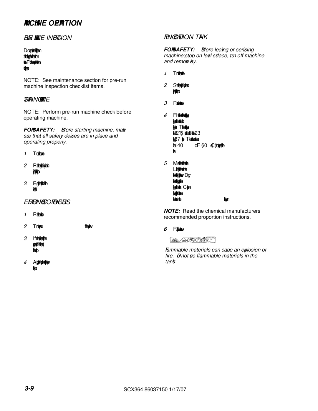 Windsor SCX364, 10052410 manual Machine Operation, PRE-RUN Machine Inspection, Starting Machine, Emergency Stop Procedures 