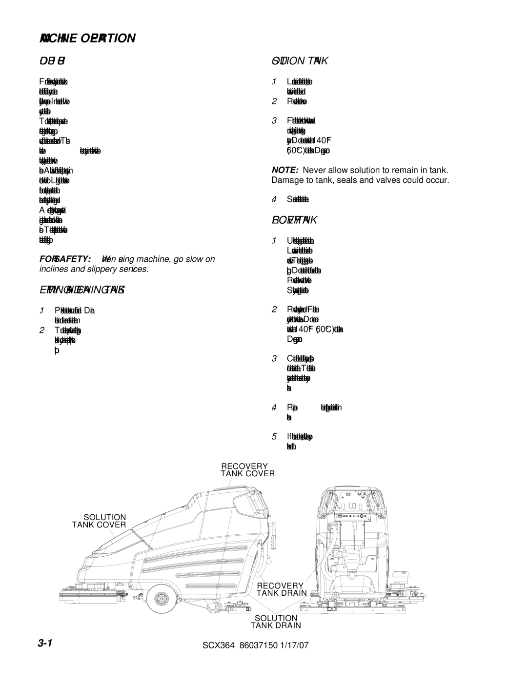 Windsor SCX364, 10052410 manual Double Scrub, Emptying and Cleaning Tanks, Solution Tank, Recovery Tank 