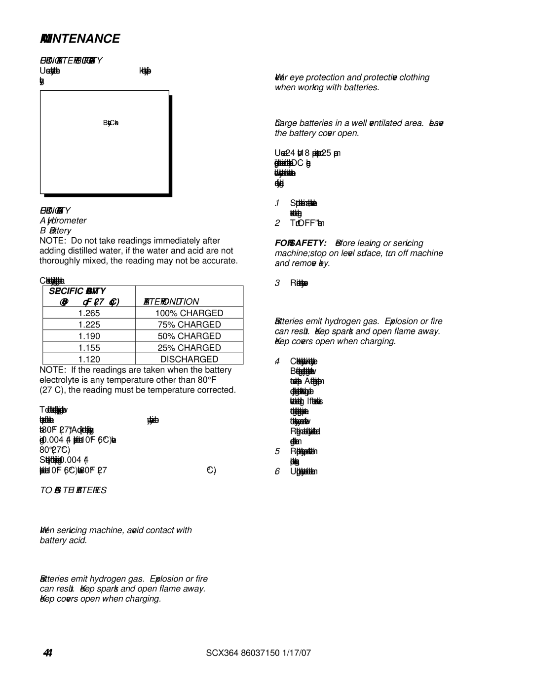 Windsor SCX364, 10052410 manual Checking Gravity, Battery Condition, To Charge the Batteries 