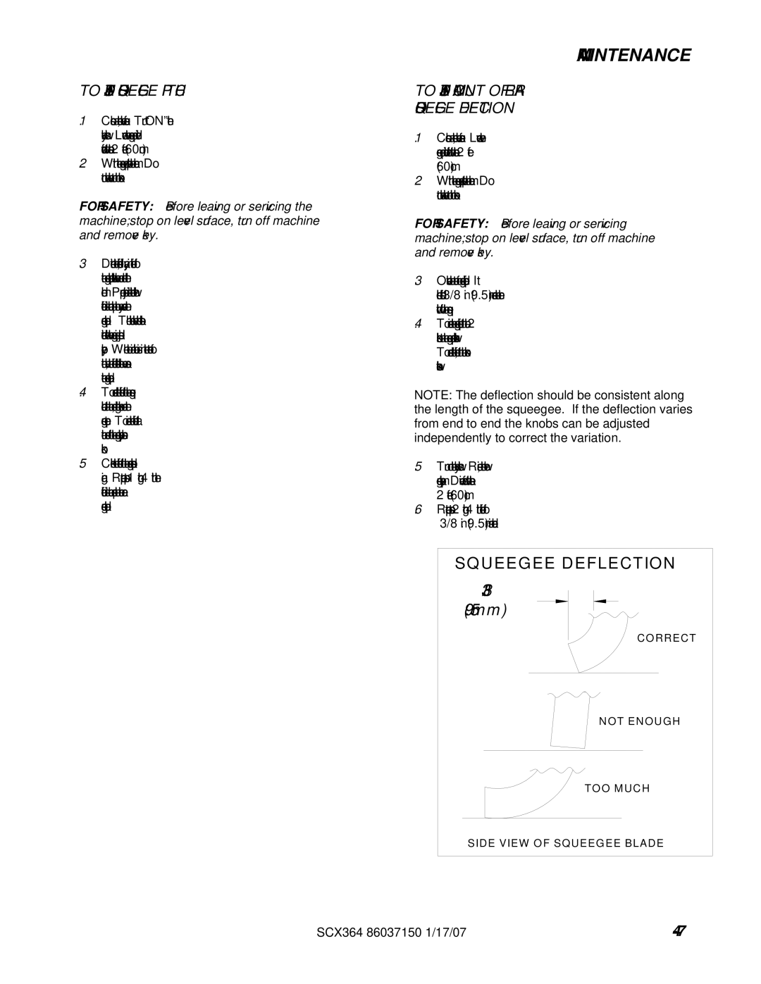 Windsor 10052410, SCX364 manual To Adjust Squeegee Pitch, To Adjust Amount of Rear Squeegee Deflection 