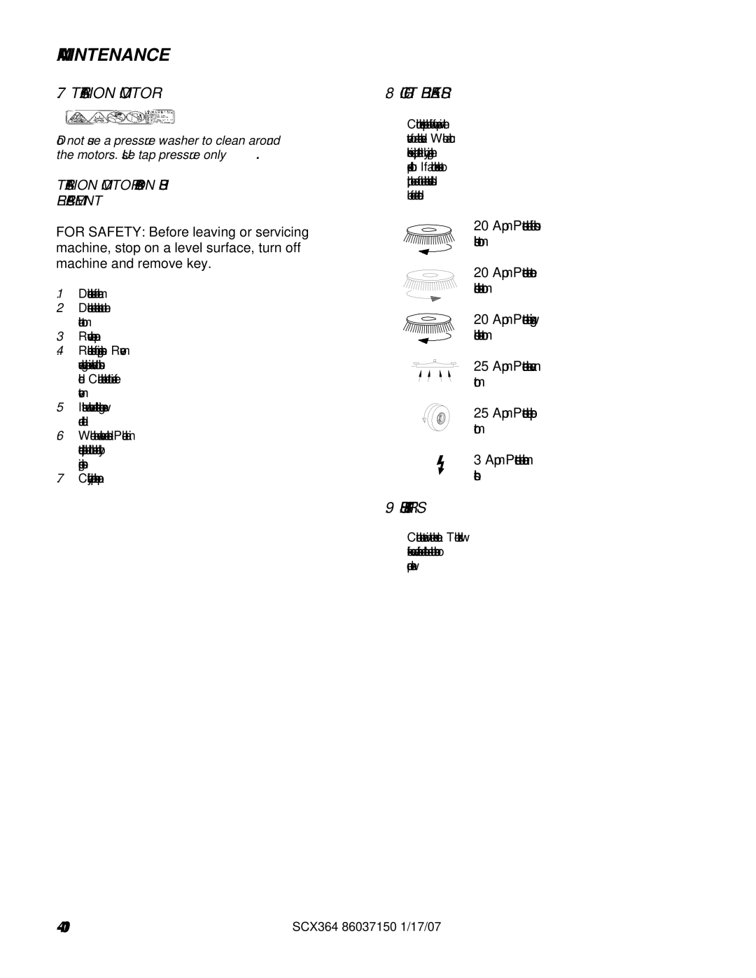 Windsor SCX364, 10052410 manual Circuit Breakers, Brush Skirts, Traction Motor Carbon Brush Replacement 