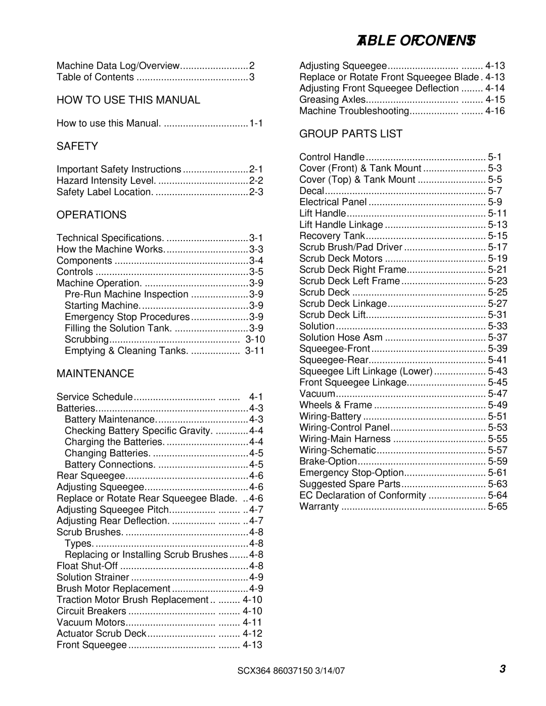 Windsor 10052410, SCX364 manual Table of Contents 