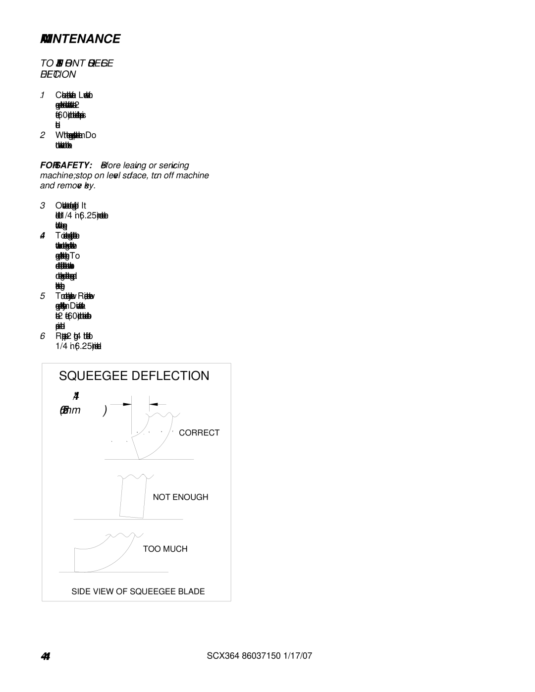 Windsor SCX364, 10052410 manual To Adjust Front Squeegee Deflection, Correct Not Enough TOO Much Side View of Squeegee Blade 